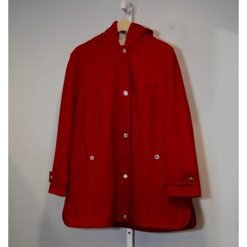 London Fog Women's Size XL Red Hooded Lined Coat Front Zip & Snap Welt Pockets